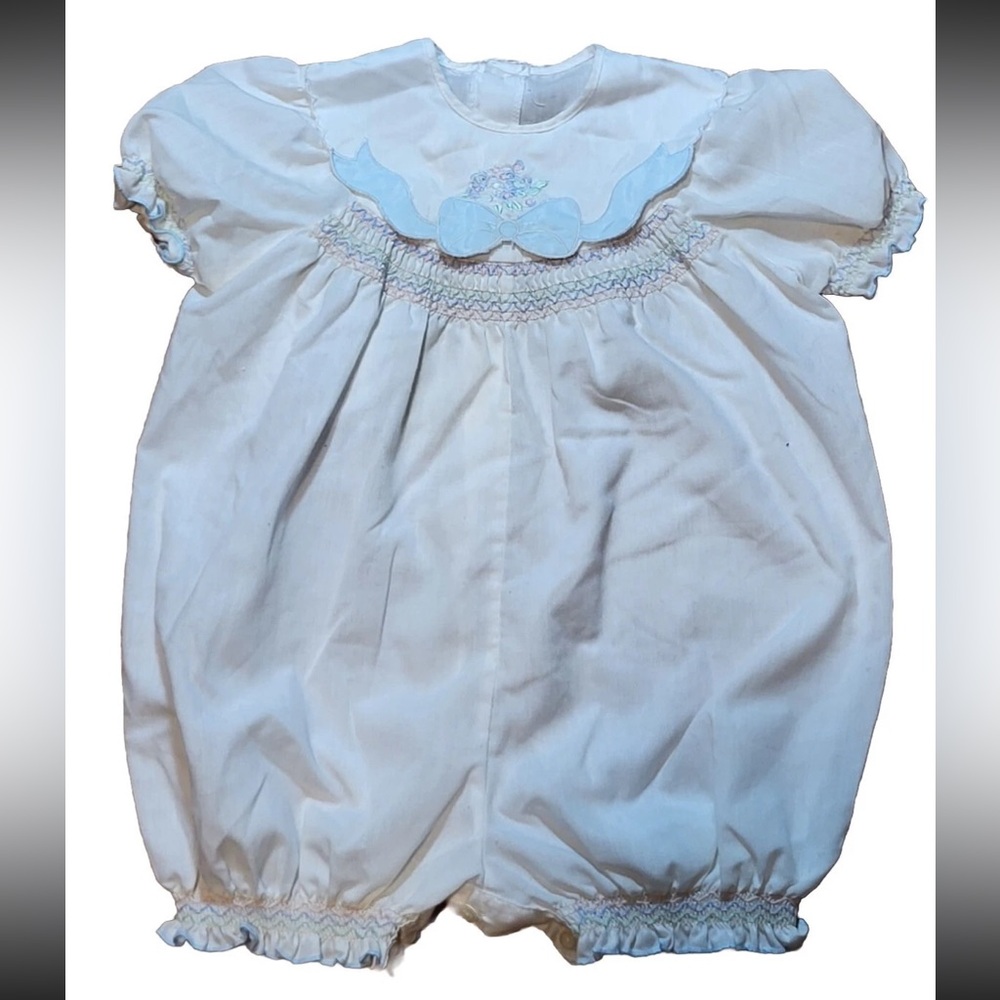 Vintage Smocked Bib Collar Bubble Romper Pink Embroidered Detail Handmade